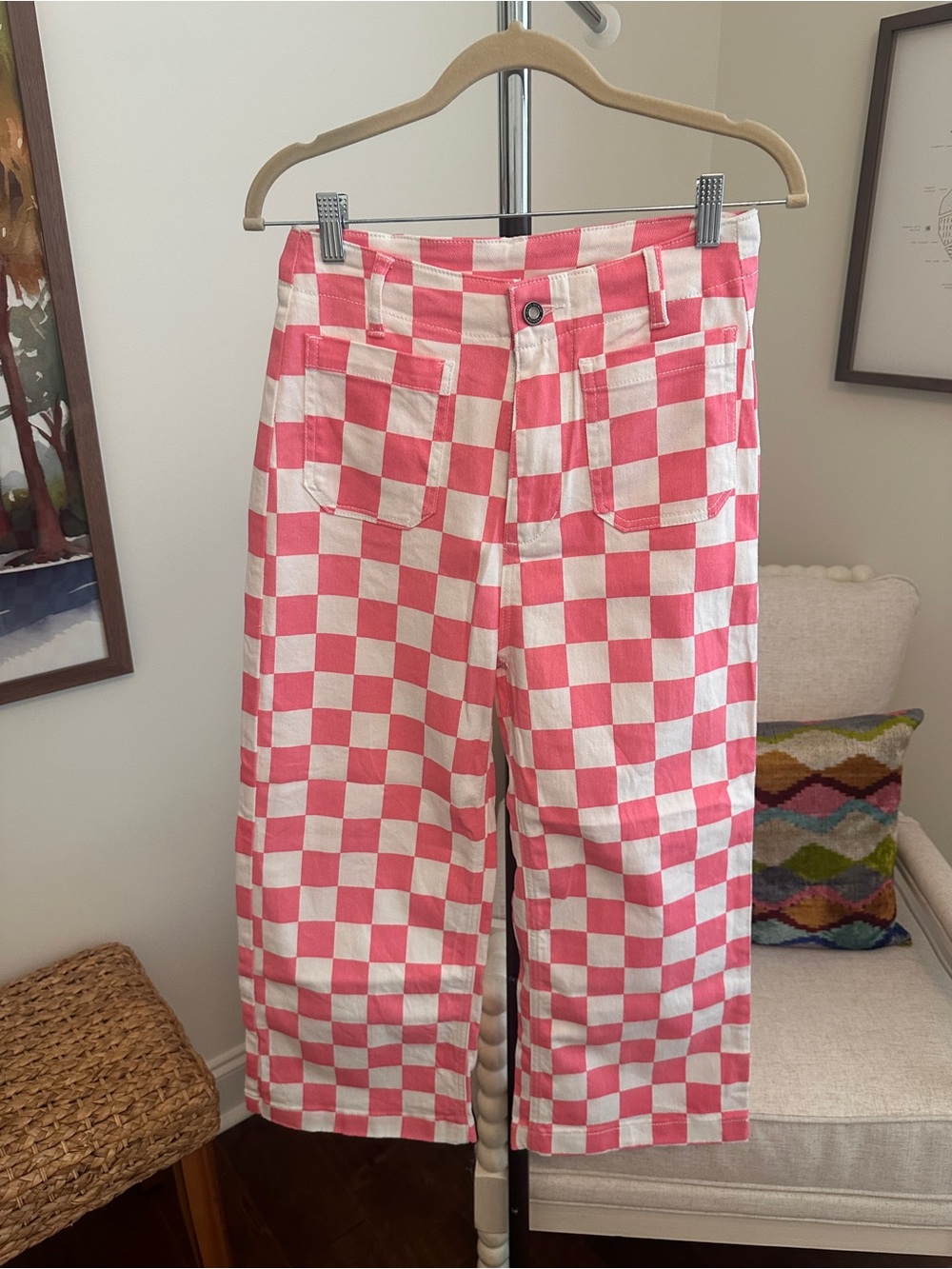 Pink & White Check Wide-Leg crop Jeans